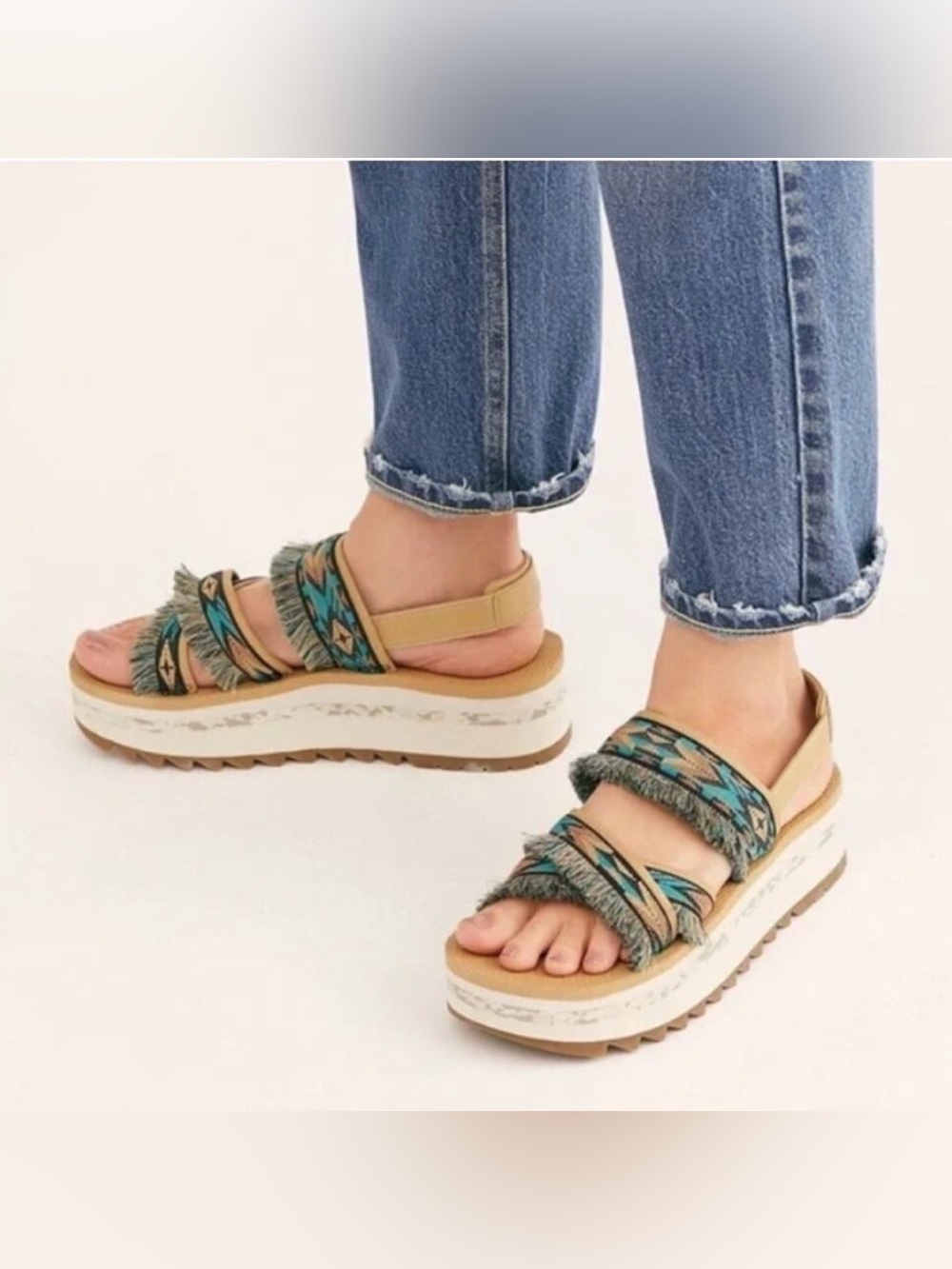 Teva Ceres Diamond Embroidery Teal and Beige Fringe Platform Sandals
